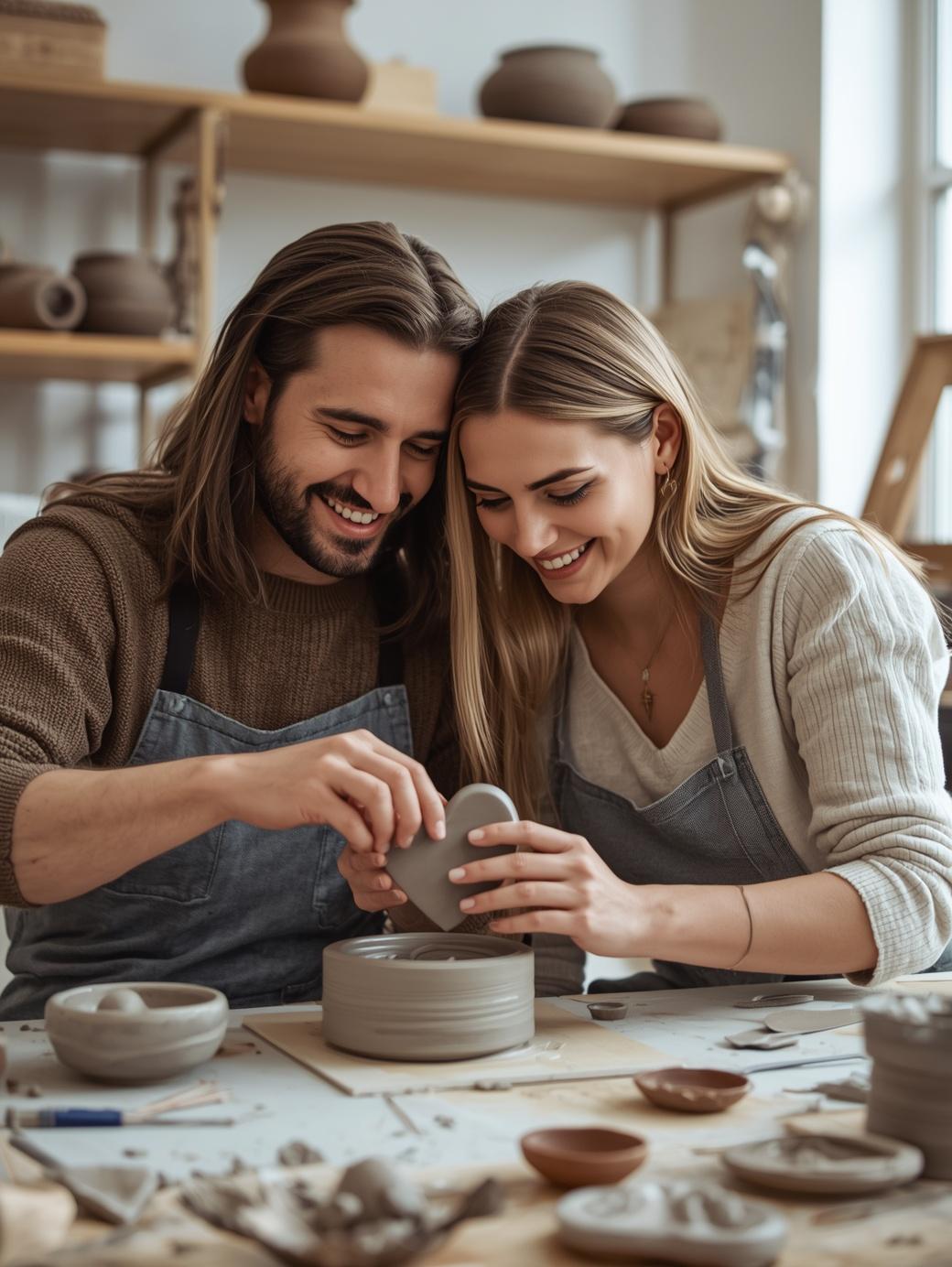 photo d'un couple qui fait une boite en coeur en céramique au modelage dans un atelier poterie atelier poterie Terre d'Aur st valentin
